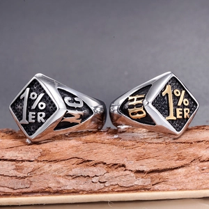 Men's titanium steel 1% ER MC biker ring with vintage silver and gold finish on wood