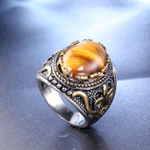 Bague punk vintage en acier inoxydable pour homme avec oeil de tigre ovale et gravure