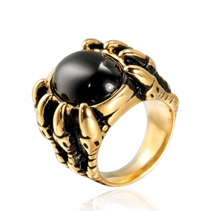 Men's retro gold punk ring with large oval black stone and vintage claw setting