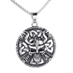 Collier pendentif crâne viking vintage avec haches et nœud nordique en acier inox