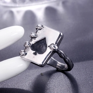Men's titanium steel ring with black spade ace design and silver claw accents