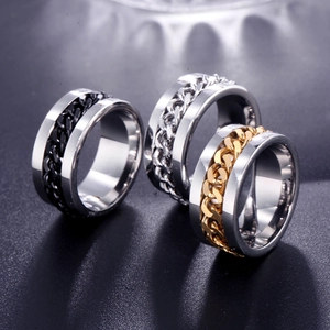 Men's titanium steel spinner rings with rotating chain inlay in silver, gold, and black colors