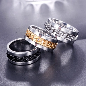 Three-piece titanium steel spinner rings with rotating Cuban chains in punk rock style