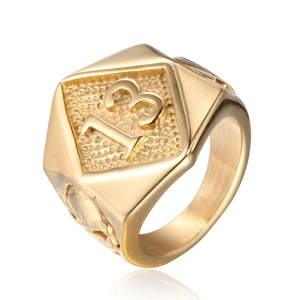 Mens gold stainless steel ring featuring 13 number relief and polished wide band