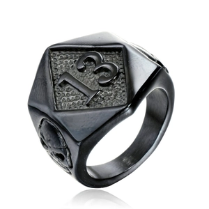 Punk black stainless steel men's ring with number 13 and skull relief design