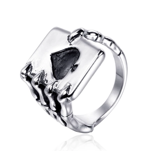 Retro titanium steel poker Ace of Spades ring with skeleton hand claw punk design