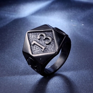 Retro stainless steel men's ring with 13 emblem and embossed details on blue silk