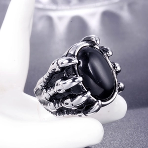 Vintage titanium steel dragon claw ring with large oval black gemstone in punk style