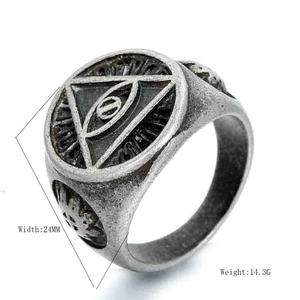 Detail view of retro stainless steel men's ring with 24mm evil eye design and weight stats