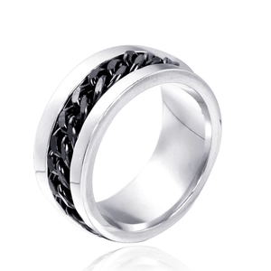Hip hop titanium steel ring featuring a silver band with an embedded black link chain