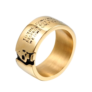 Gold skull ring in stainless steel with engraved quote for men in gothic motor style