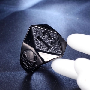 Punk black stainless steel ring featuring hexagon 13 shield and skull relief design
