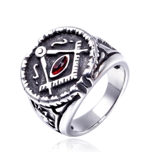 Bague Maçonnique Vintage en Acier Inoxydable pour Hommes Bague Chevalière Maçonnique Rétro Avec Incrustation de Strass Rouge Bijoux