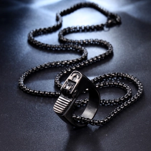 Mechanical industrial style matte black ring and necklace set in durable titanium steel
