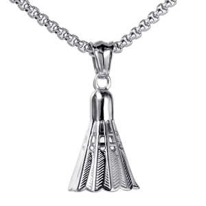 Collier avec pendentif volant de badminton argenté poli en acier inoxydable sport
