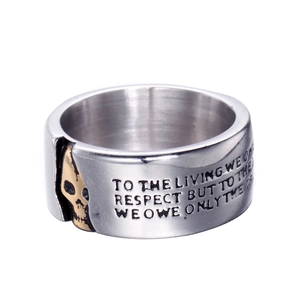 Mens gothic stainless steel skull ring with golden relief and engraved quote on band