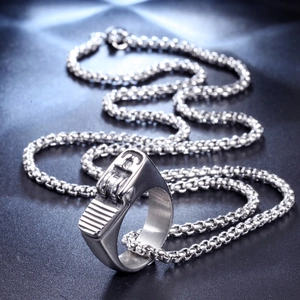 Men's punk lighter-shaped ring and box chain necklace set in matte silver finish