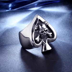 Vintage stainless steel spade skull ring with a punk style blackened finish