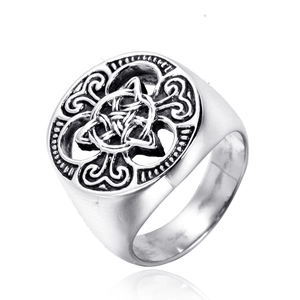 Vintage Viking Celtic Knot Pentagram Stainless Steel Ring For Men Retro Embossed Hollow Out Band Ring Fashion Jewelry Gift