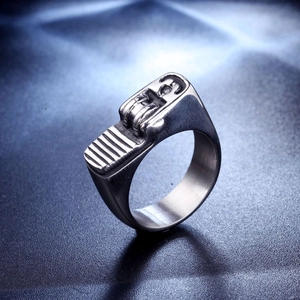 Retro punk lighter shaped stainless steel ring with industrial wheel and matte finish