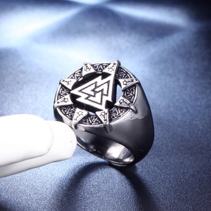 Men's Nordic Viking Valknut stainless steel ring with vintage oxidized finish and runes
