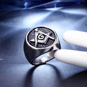 Silver stainless steel Freemasonry signet ring with square compass G symbol engraving