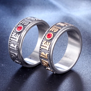 Stainless Steel Spinner Ring For Men Women Buddhist Six Character Mantra Religious Red Rhinestone Rotatable Band Ring Vintage Jewelry