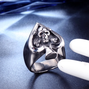 Detailed macro shot of vintage punk skull and crossbones spade ring in dark silver