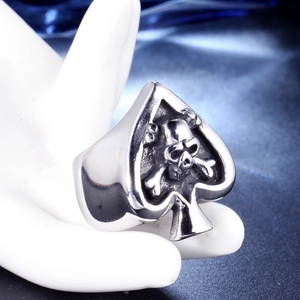 Gothic stainless steel ring featuring a polished ace of spades and skull embossed design