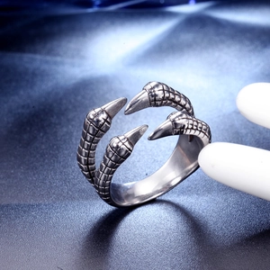 Stainless steel dragon claw open ring with detailed scale texture in punk style