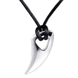 Polished stainless steel claw pendant necklace with black braided cord on white background