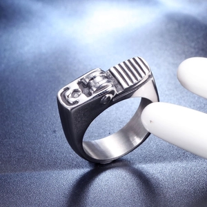 Detailed close-up of a men's stainless steel ring featuring vintage lighter mechanisms