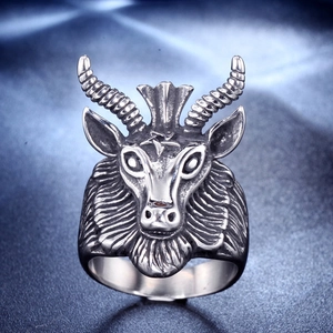 Vintage Men Stainless Steel Goat Head Pentagram Baphomet Ring Gothic Punk Rock Distressed Band Jewelry For Daily Party Wear