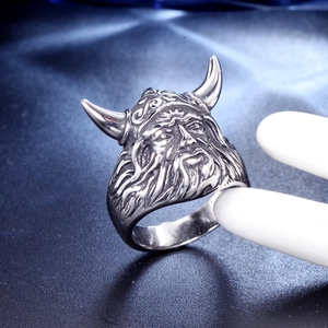 Viking warrior stainless steel ring with horned helmet and high relief punk design
