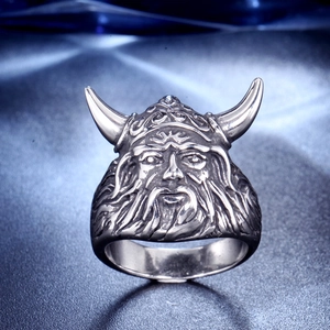 Men's vintage Viking warrior ring in stainless steel with detailed horn helmet carving