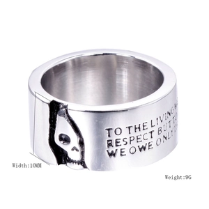 Men's 10mm wide stainless steel skull ring with detailed engraving and heavy metal finish