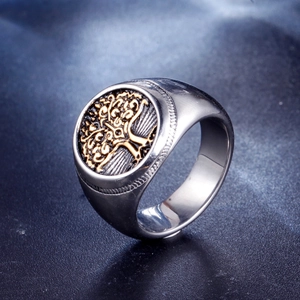 Vintage stainless steel Tree of Life signet ring with gold relief and antique finish