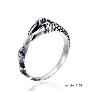 Macro detail of stainless steel claw ring with scale textures and antique silver finish