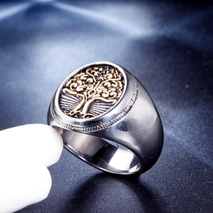 Vintage stainless steel Tree of Life signet ring for men with golden embossed detail
