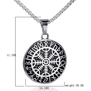 Detailed view of Viking Vegvisir compass pendant with 41.5mm height and 36.5mm width specs