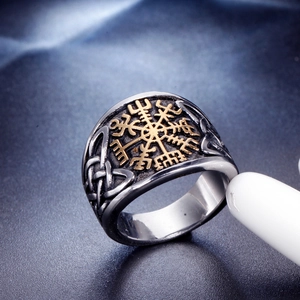 Vintage Viking Vegvisir ring in two-tone stainless steel with Celtic knot details