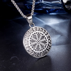 Silver vintage Viking Vegvisir compass pendant necklace with Nordic runes and long chain