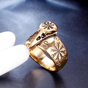 Vintage gold eagle skull ring with nordic runes and compass engraving for men