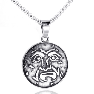 Vintage stainless steel round pendant necklace with embossed skull moon face