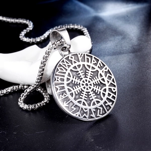 Vintage stainless steel Vegvísir compass necklace with rune pendant on a metal ball chain