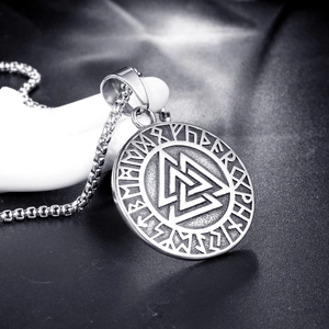 Silberne Wikinger Valknut Kette mit Runenkreis und Edelstahl Boxkette für Herren
