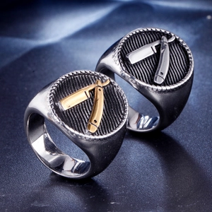 Retro stainless steel men's barber razor rings in silver and gold-tone finish