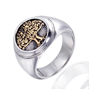 Vintage Stainless Steel Tree Of Life Signet Ring For Men Women Nordic Retro Embossed Round Finger Ring Fashion Jewelry Gift