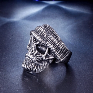 Punk style silver stainless steel skull ring with beanie hat texture for men
