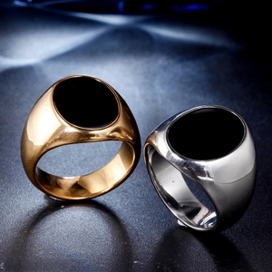 Polished stainless steel signet rings for men with black oval enamel tops in gold and silver